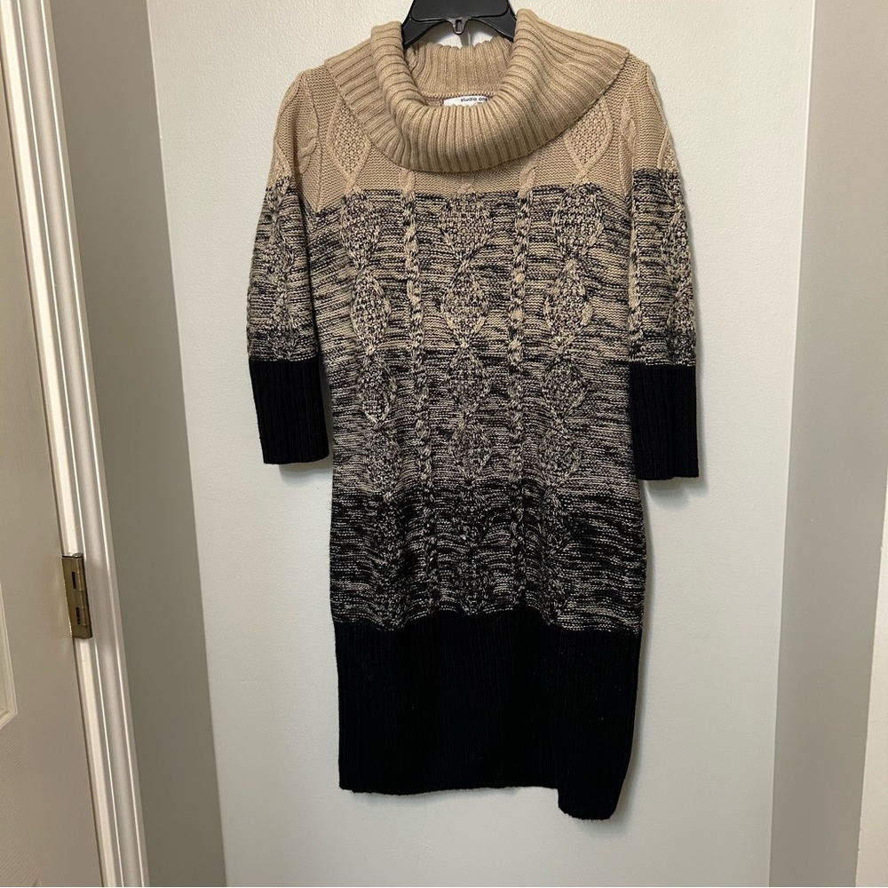 Studio One New York Cowl Neck 3/4 Sleeve Sweater Dress Beige Black Size M